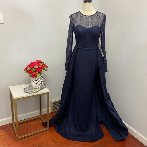 # Mac Duggal Long Sleeve Lace Column Gown With Overskirt - Picture 4 of 16